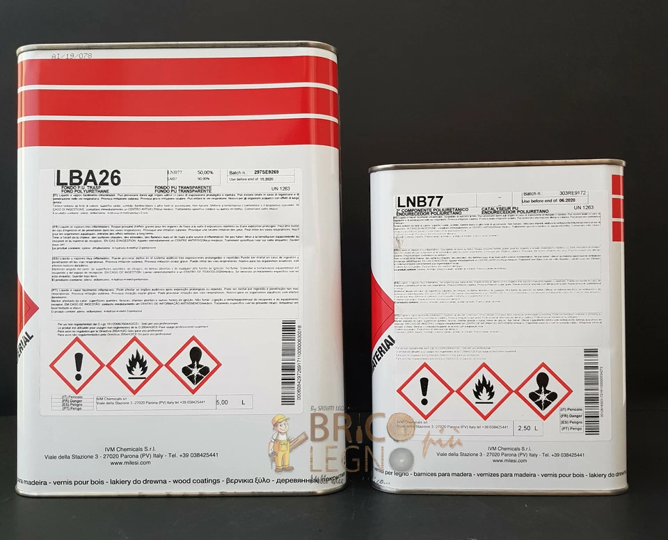 MILESI VERNICI Vernice Fondo trasparente PU LBA26 lt. 5 + LNB77 lt. 2,5 per legno Milesi