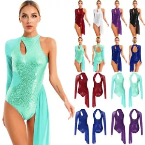 DE Damen Tanzkleid Wettbewerb Bodysuit Langarm Trikot Gymnastika Kleid Tanz Rein - Bild 1 von 12