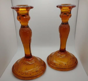 Tiara Indiana Sandwich Pattern Glass AMBER Tall Candlesticks 8.5" base 8.5" tall - Picture 1 of 3