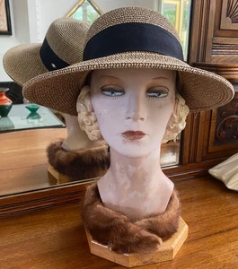 Scala Tan Weaved Black Grosgrain Band Bow Wide Brim Cloche Hat One Size NWOT - Picture 1 of 9