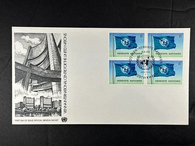 UN FDC 1979 $1 Block of 4 United Nations Flag Geneva Official Cachet Vienna a250 - Image 1 of 2