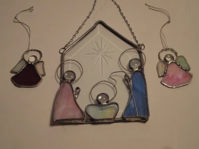 Stained Glass Suncatcher  Window Display Nativity Scene with Two Angels Signed - Image 1 of 4