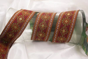 Jacquard Ribbon 1 3/4" (44mm) Deep Red with Metallic "snowflakes"  Per Yard - Picture 1 of 1