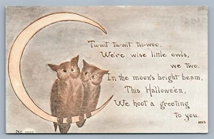 POSTAL ANTIGUA HALLOWEEN impresa en DANSVILLE NY PAR DE BÚHOS con LUNA CRECIENTE - Imagen 1 de 2