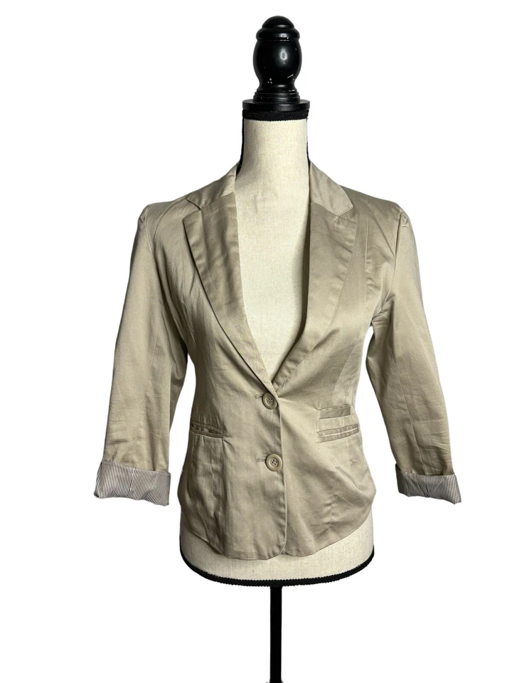 Ambiance Appearel Blazer Womens Small Tan 2 Button Low V Neck 3/4 Sleeve Career - Image 1 of 4