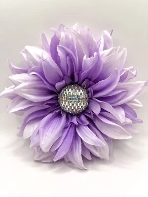 Purple Flower BROOCH 8.5” White Crystals Rhinestone Custom Handmade #27/43 Large - Image 1 of 4