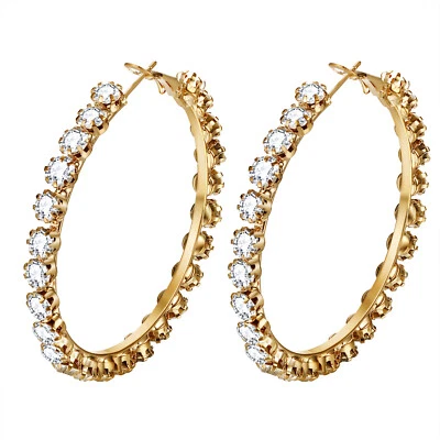 Pendientes de aro grandes circulares para mujer con diamantes de imitación gruesos tono dorado 2 piezas Foto 1 de 4