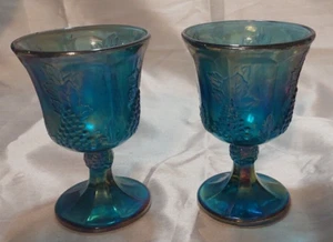 Set of 2 Vtg Iridescent Indiana Harvest Grape Blue Carnival Glass Wine Goblets - Picture 1 of 4