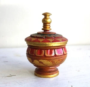 Hand Painted Round Wood Jar Trinket Treasure Box Gold Red Tibetan Style Wooden - Picture 1 of 6