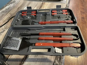 Home- Wood BBQ Grill Tool Set - Black (Set 0f 15) With Case missing One Tool - Picture 1 of 6