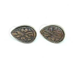 Wooden Carved Tribal Teardrop Gold Tone Stud Pierced Earrings  - Picture 1 of 6
