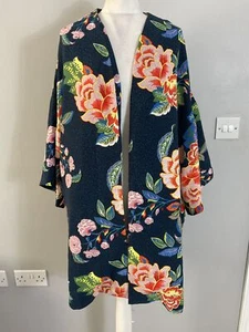 H&M navy bright floral unfastened kimono longline jacket blazer S 8 10 pockets - Picture 1 of 9