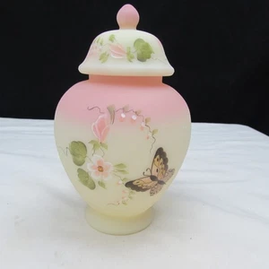 Fenton Burmese Satin Butterfly Hand Painted Temple Jar Special Order 1996 W112 - Picture 1 of 9