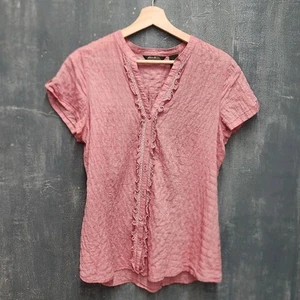 EDDIE BAUER Button Up Short Sleeve Ruffle Shirt Size Large - Picture 1 of 8