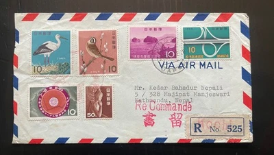 Cubierta de correo aéreo registrada de Japón 1963 a Nepal - pájaro Buda franqueo de varios sellos Foto 1 de 2
