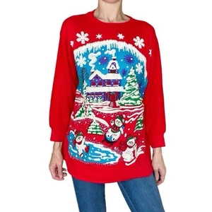 Vintage 90’s Christmas Holiday Winter Bear Puff Paint Sweatshirt - Picture 1 of 8