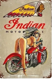 INDIAN MOTORCYCLE METAL TIN SIGN SEXY PIN UP ON INDIAN MOTORCYCLE GARAGE ART - Picture 1 of 1