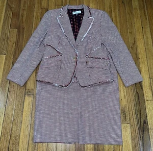 Worth Suit Womens 16" Skirt and Jacket Red/White/Tan/Black Tweed Fringe USA Made - Picture 1 of 16