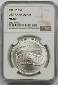 1991-D USO Anniversary $1 NGC MS 69 Modern Commemorative Silver Dollar - Picture 1 of 4
