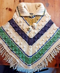 Vintage Wool Poncho Jumper Sweater Coat 70's Retro Hippie Boho w/ Fringe PomPoms - Picture 1 of 23