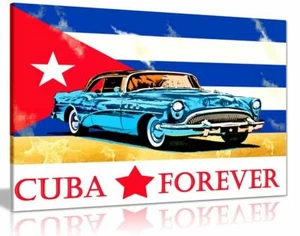 Cuban Flag & Car Canvas Wall Art Picture Print Home Decor - Picture 1 of 5