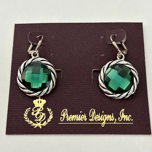 Premier Designs Green Acrylic Rhinestone Silver Tone Leverback Drop Earrings - Picture 1 of 8