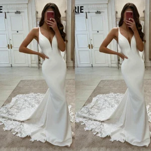 Mermaid Wedding Dresses Boho V-Neck Appliques Lace Spaghetti Strap Simple Train - Picture 1 of 10