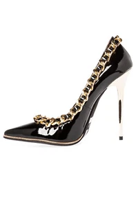 Pompa punta a maglia Jeffrey Campbell nera in pelle verniciata tacco oro taglia 8 - Foto 1 di 10