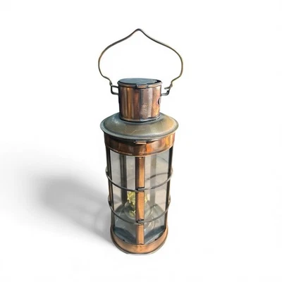 Vintage Copper Lantern 5 Sided Glass Hangable Oil Lamp Nautical 11.5” Hong Kong - Image 1 of 4