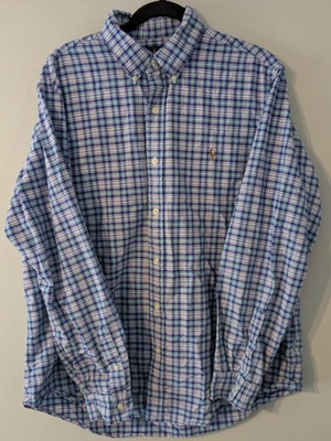 Ralph Lauren классический крой 100% хлопок платье рубашка мужская синий клетку плоть пони логотип - Изображение 1 из 4