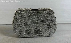 BTB Italy Silver Raffia Pearl Embellished Chain Strap Evening Crossbody Bag - Picture 1 of 11