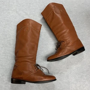 Vintage LL Bean Womens 7 M Tall Tan Brown Soft Leather Riding Lace Boots Canada - Picture 1 of 17