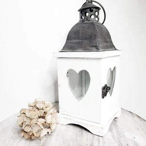 White Tin Heart Wooden Lantern Shabby Chic 12" Church Candle Hurricane Hanging - Picture 1 of 14