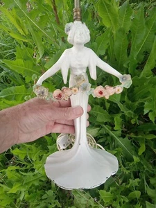 Antique Art Nouveau Figural Girl Woman Lilly Pad Metal Painted Flowers - Picture 1 of 11