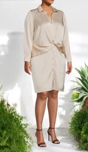 Olive & Oak Damen Übergröße 4X Kleid Einfarbig Elfenbein Knopfleiste Hemd Knie Neu - Bild 1 von 7