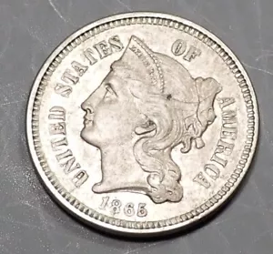 1865 Three Cent Nickel -Nice Original AU - Civil War Coin - #837 - Picture 1 of 4