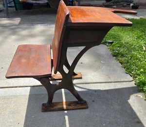 Antique Student School Desk Cast Iron Wood  42" L x 21" W Armrest Folding - Picture 1 of 21