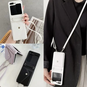 Leather Lanyard Case For Samsung Galaxy Z Flip6 Flip5 Flip4 3 Card Wallet Cover - Picture 1 of 22