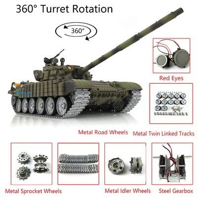 1:16 TK7.0 Heng Long T72 IR BB RC Tank 3939 360° Metal Tracks Wheels Red Eye - Image 1 of 4