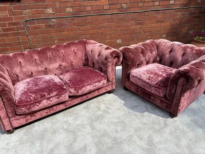 Velvet Chesterfield Sofas and Chair - Pink - Image 1 of 4