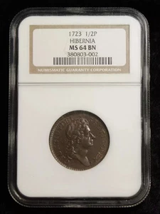 1723 Hibernia Farthing Colonial Half Penny - NGC MS64BN - Picture 1 of 4