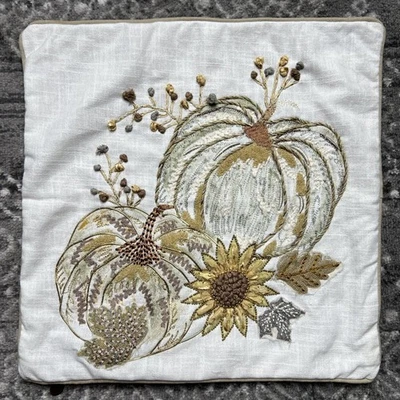 Pier 1 One Throw Pillow Cover Sunflower Pumpkin Fall Embroidery Crewel 18x18 - Image 1 of 4