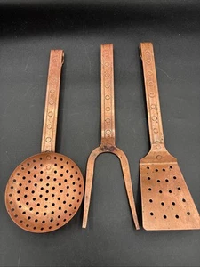 3 MCM Copper Kitchen Cooking Utensils Spatula 2 Prong Fork Skimmer - Picture 1 of 14