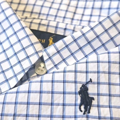 Ralph Lauren White Shirt Men's Large Stretch Fit Plaid Check Gingham L/S Blue - Image 1 of 4
