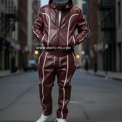 Men's Hoodie Brayden Leather Track Suit Set [Burgundy/White] Lamb Leather - Image 1 of 4
