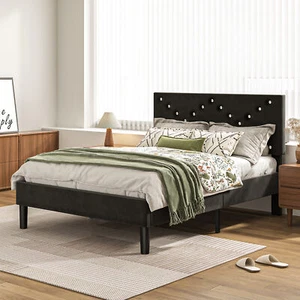 Full Size Modern Platform Bed Frame with Upholstered Headboard and Wooden Slats - Picture 1 of 6