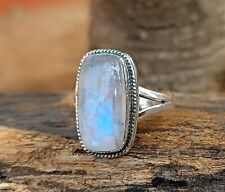 Rainbow Moonstone Ring, Rectangle Moonstone Gemstone Jewelry 925 Sterling Silver
