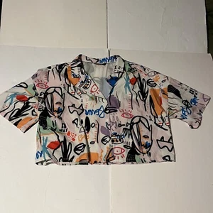 XL Graphic Button Up Crop - Busy Pattern - Shein - Picture 1 of 4