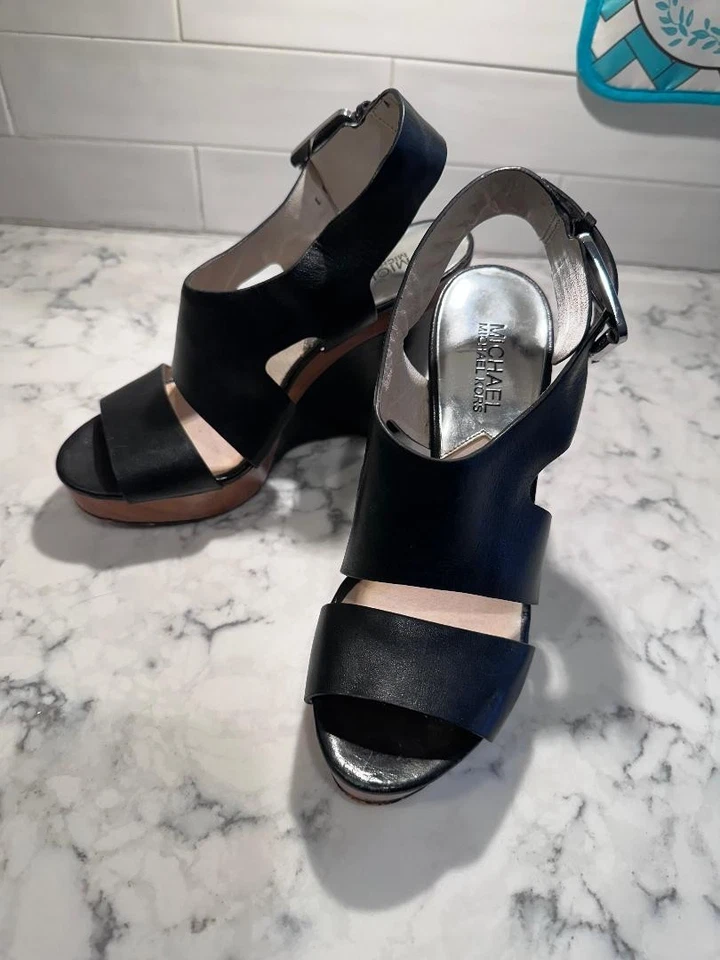Michael Kors Josephine wedge heels black leather slingback sandals size 6.5 Foto 1 de 4