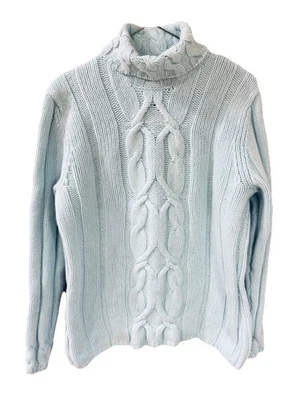 LANDS’ END Aqua Blue Chunky Cable Knit Wool Turtleneck Sweater Large (14-16) - Image 1 of 4